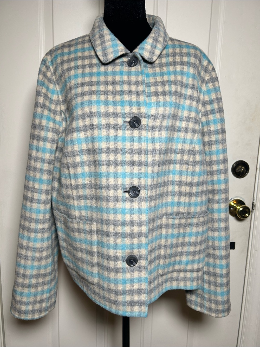 Talbots Blue and Gray Plaid Wool-Blend Pea Coat